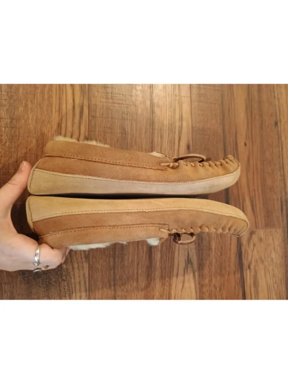 LL Bean Big Kid Brown Suede Wicked Good Shearling Line Moccasin Slippers Size 6
